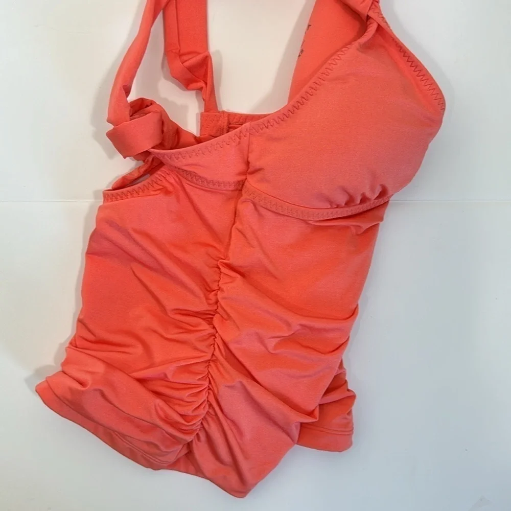Athleta Ruched‎ Tankini Swim Top Women's XS Neon Orange Removable Bra Pads